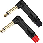Разъём угловой, кабельный, позолоченный, джек 6.35мм несимметричный, папа (корпус цинковый сплав, чёрный). Отгружается парами - красный + чёрный хвостовик, цена указана за штуку.